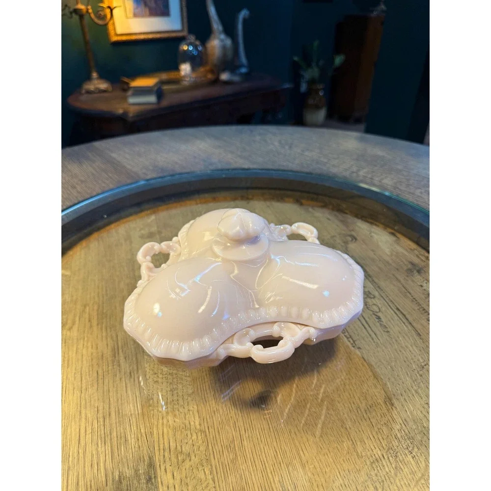 Vintage Pink Milk Glass Lidded Divided Dish – Opaline Vanity or Candy Dish
